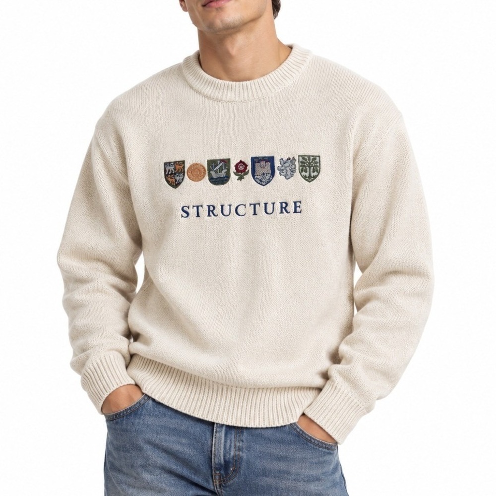Structure Sweater Men M Cream Vintage Embroidered Crest Ramie Spell Out Pullover